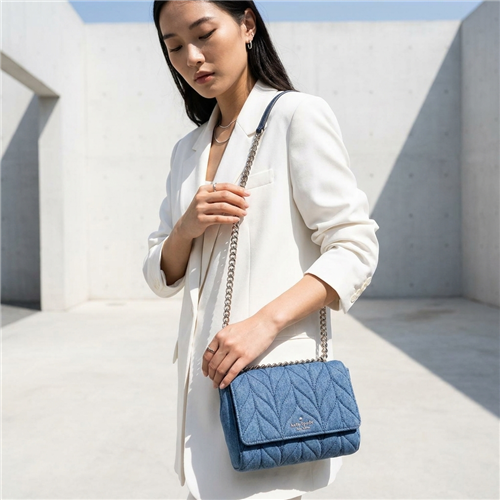 Kate Spade Emelyn Quilted Denim Crossbody Bag, Blue Shoulder Handbag For Women Single 22 Inch Drop Strap Or Doubled 11 Stylish Medium Boutique Satchel Flap Purse Magnetic Pocket Padded Navy