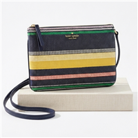 Kate Spade New York slim crossbody bag in colorful boardwalk stripe fabric with navy leather trim, adjustable shoulder strap, top zip closure, and compact resort inspired silhouette.