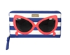 Kate Spade Neda zip around continental wallet featuring blue and white stripes, oversized sunglasses applique, saffiano textured finish, leather trim, and organized interior with card slots and zip coin pocket.