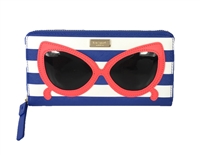 Kate Spade Neda zip around continental wallet featuring blue and white stripes, oversized sunglasses applique, saffiano textured finish, leather trim, and organized interior with card slots and zip coin pocket.