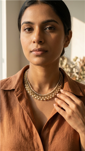 Nakamol gold tone multi strand statement necklace with faceted ivory, blush and champagne Czech crystals, stone shards and glass beads.