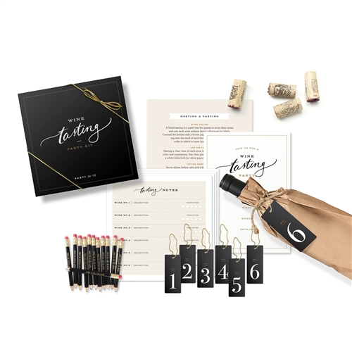 Inklings Wine Tasting Party Kit for 12 - Tasting Cards, Pop Fizz Clink Mini Pencils & Numbered Tags