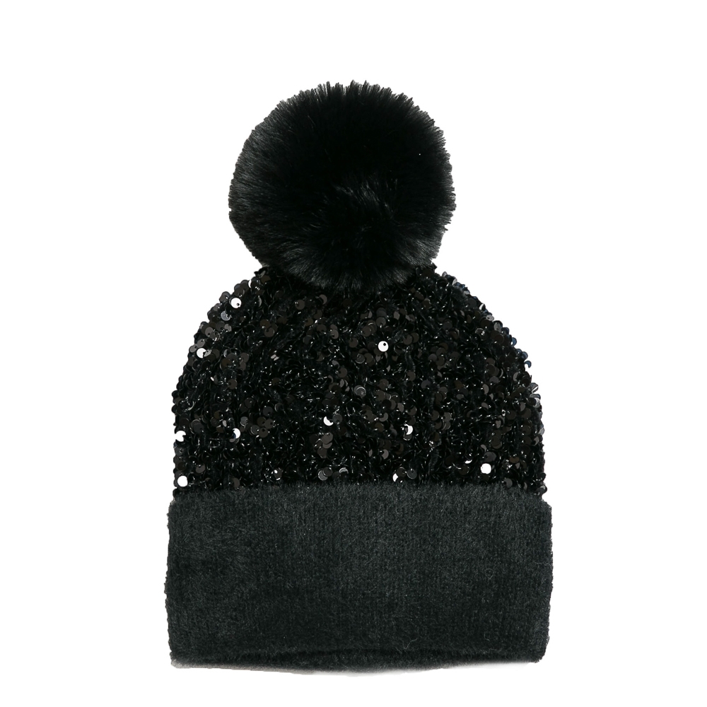 ?Women Confetti Black Winter Pom Pom Beanie Hat with Warm Fleece Lined XL C.C Sequin Pom Beanie for Women - Angora Stretchable Soft  main image 2